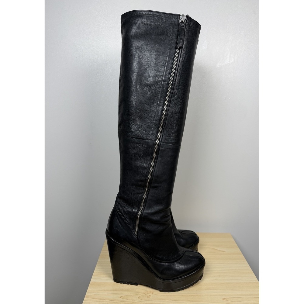 Vtg Lacoste Women's Size 38/ US7 Black Leather Platform Retro Wedge Knee Boots
